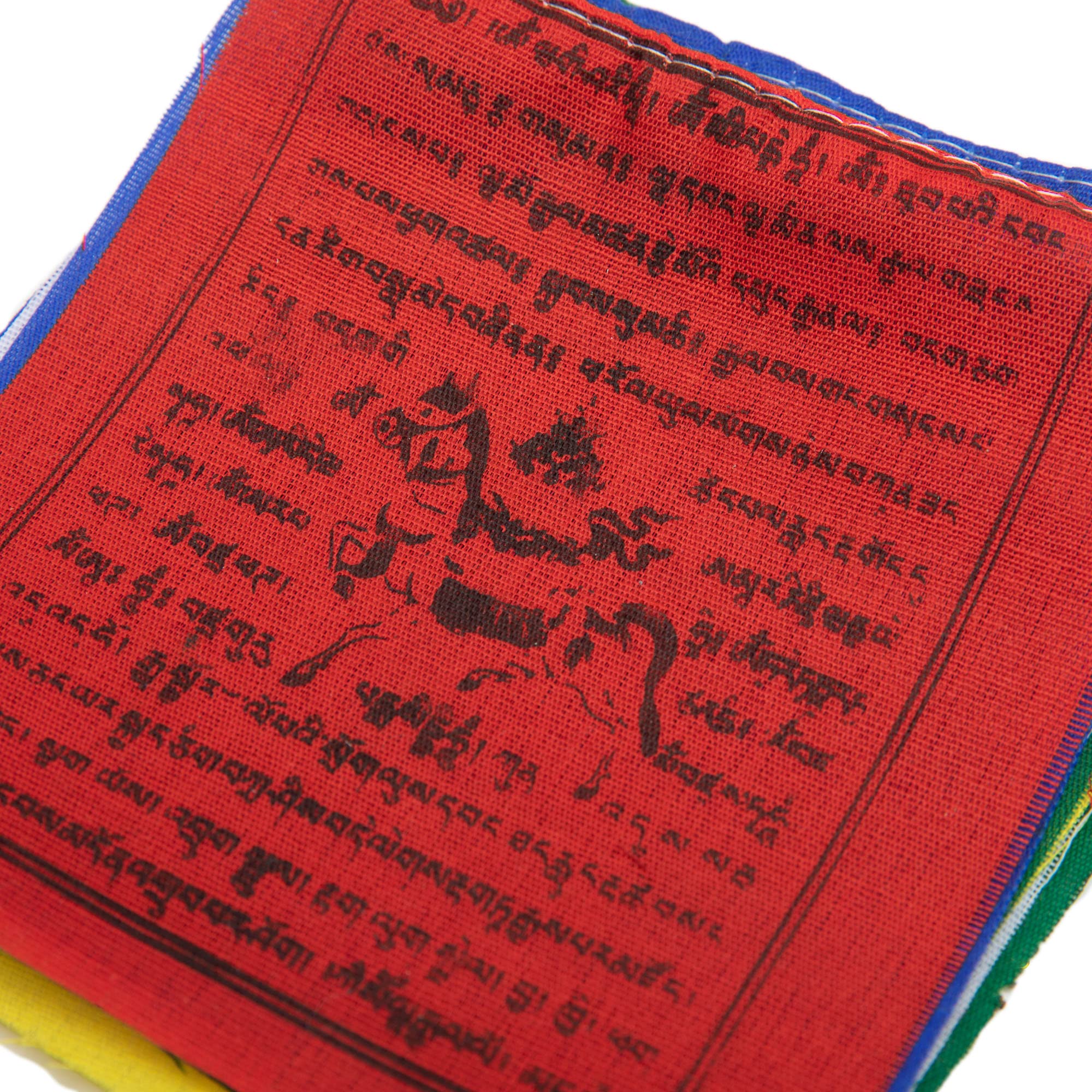 Wind Horse flag detail showing sacred symbols and craftsmanship.