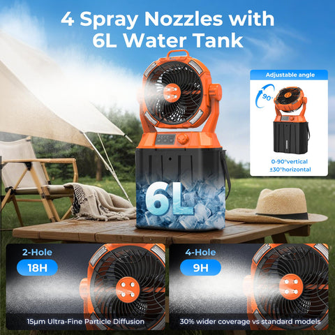 HIMONI misting fan with 6L bucket storage for easy transport.