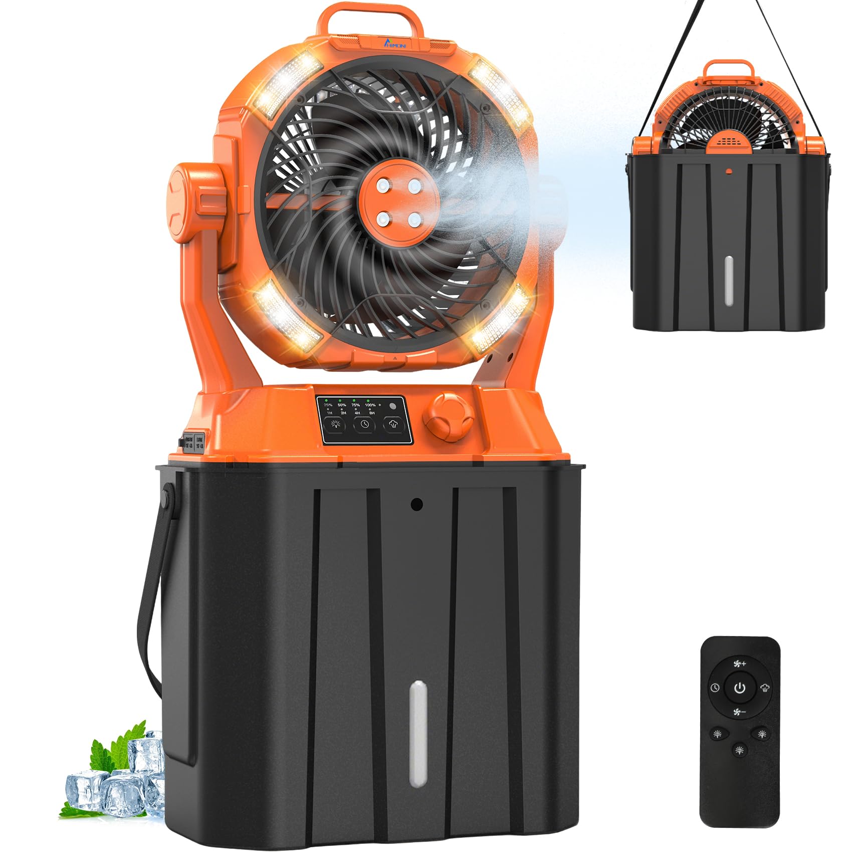 HIMONI misting fan action on patio delivering cooling air.