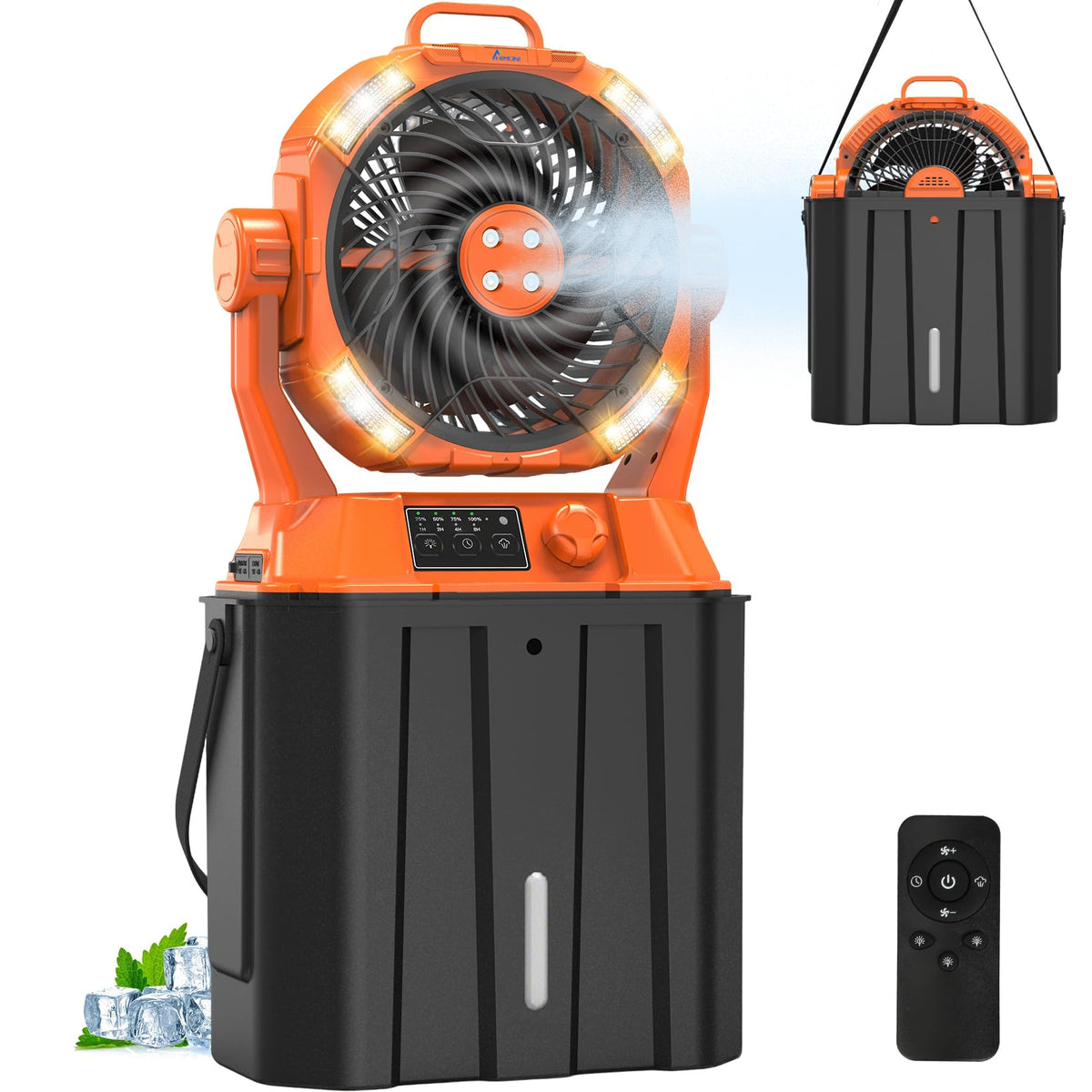 HIMONI misting fan action on patio delivering cooling air.