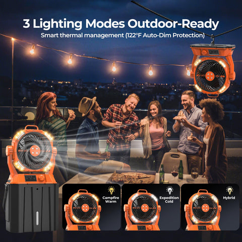 HIMONI misting fan outdoors for camping and backyard cooling.