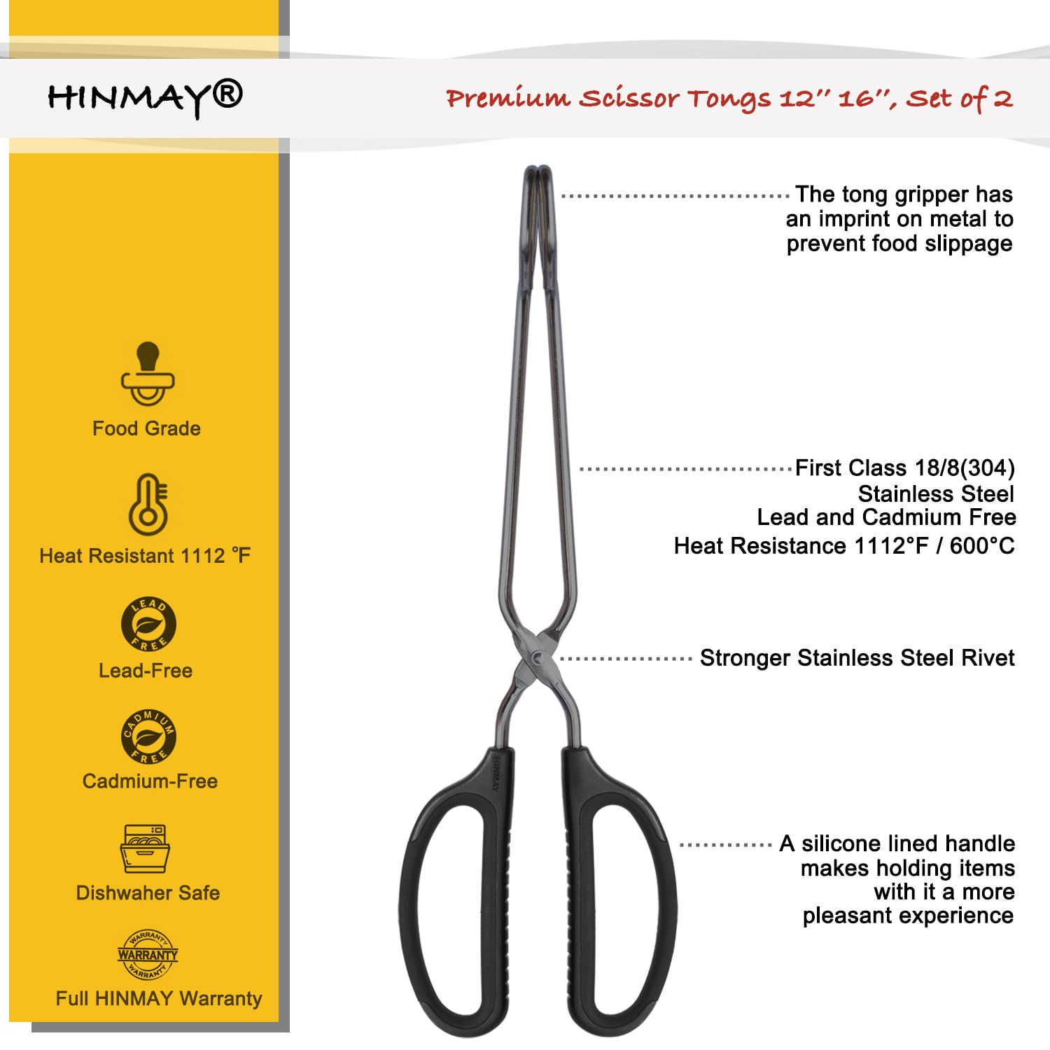 HINMAY 16-inch tongs extend reach for grilling large cuts outdoors.