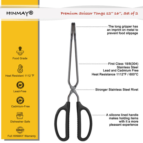 HINMAY 16-inch tongs extend reach for grilling large cuts outdoors.