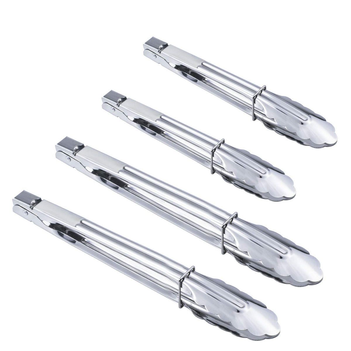 HINMAY 9-inch stainless steel tongs close-up with locking ring for easy storage and grip.