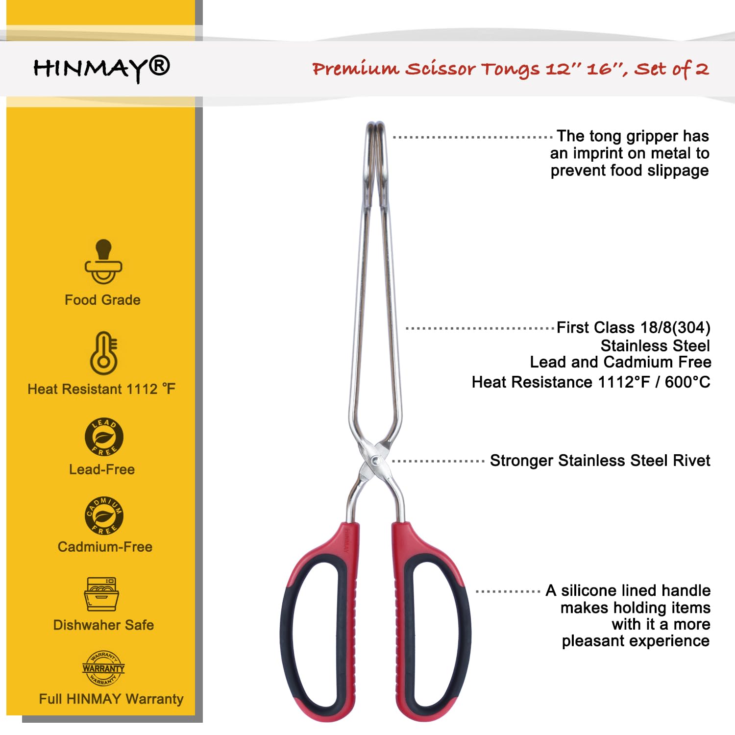 Hinmay tongs with ErgoGrip red handles offer comfortable grip during grilling.