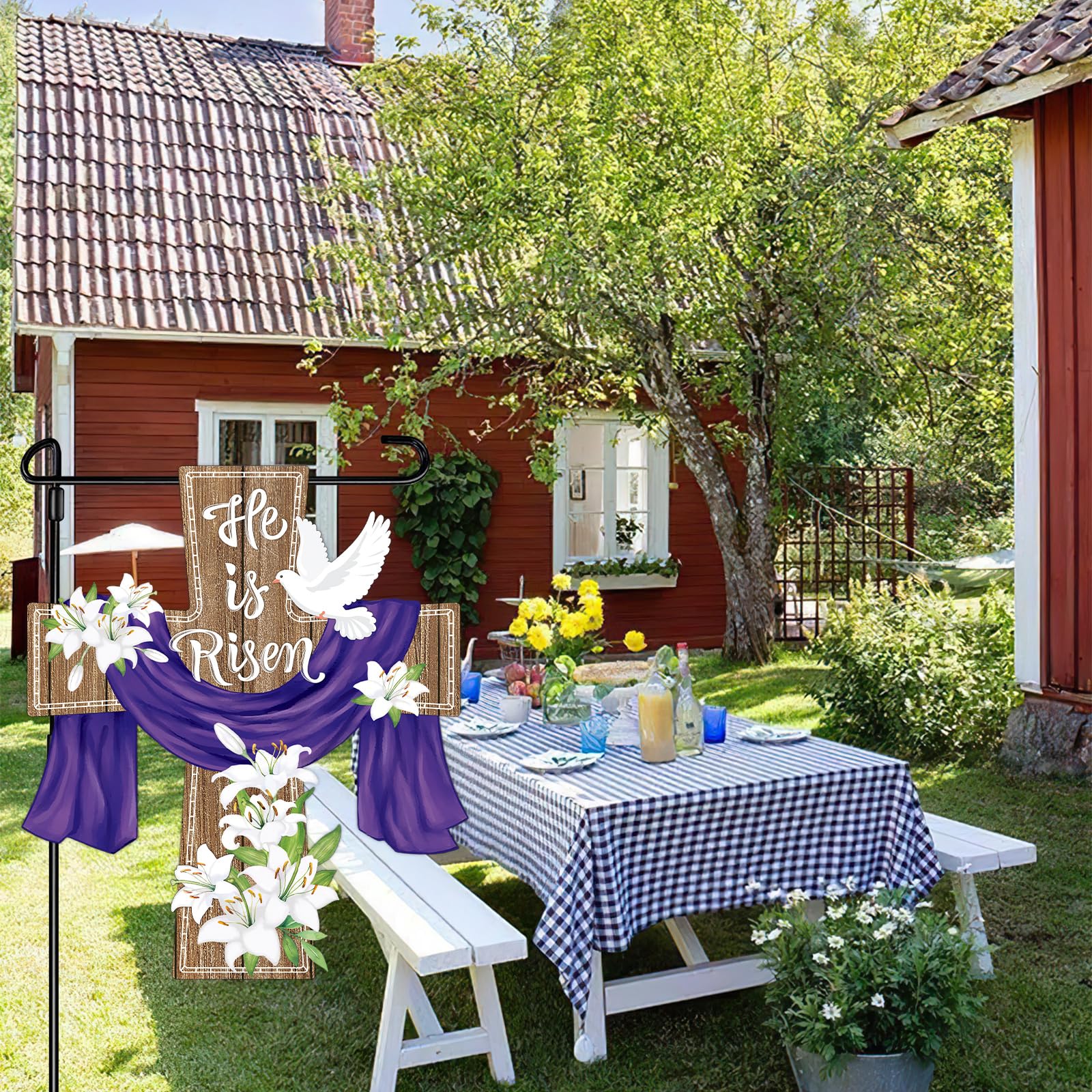 Hinsly large garden flag highlights lilies around the cross for a seasonal display.