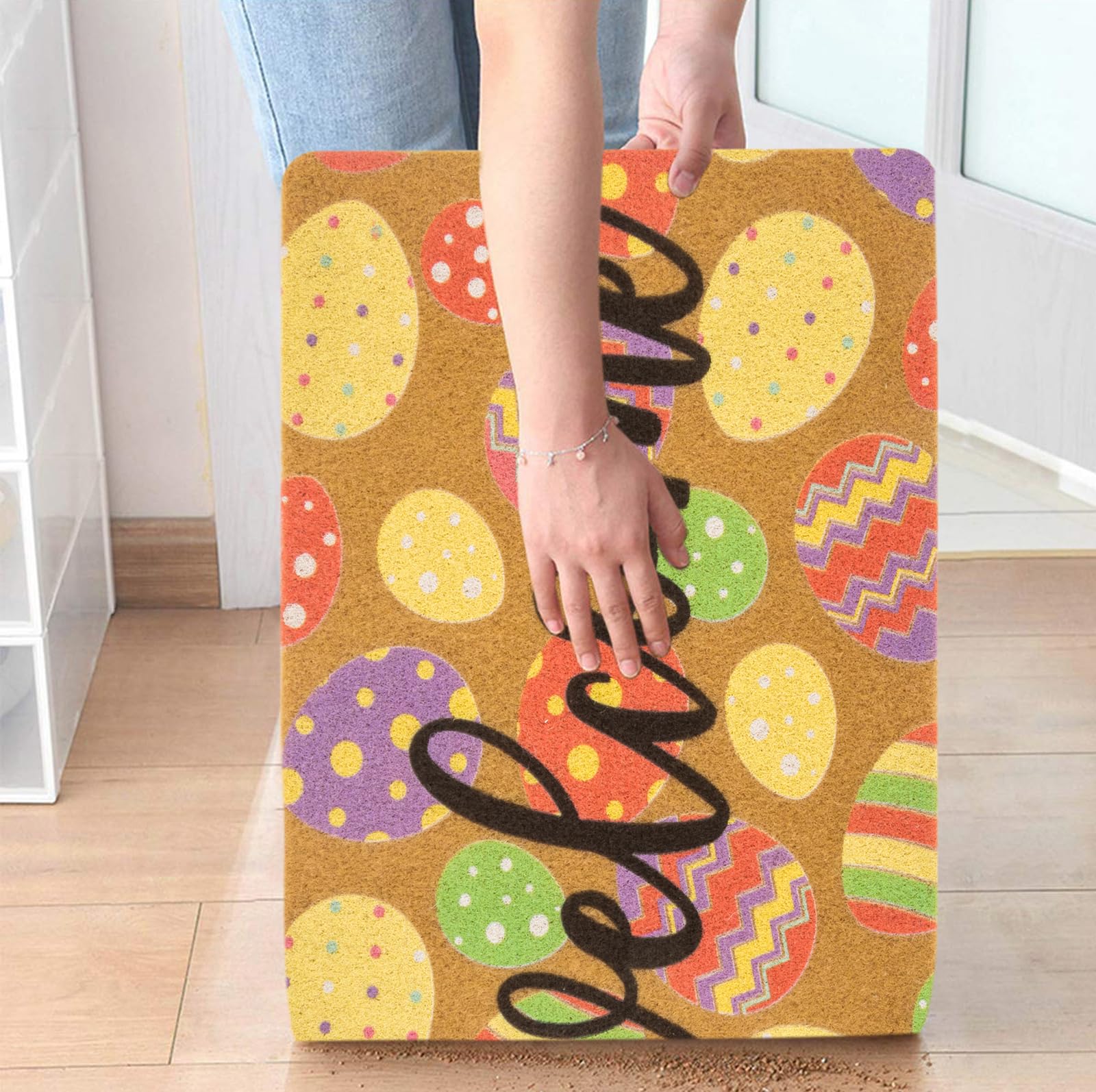 HinyBoeh Easter door mat 17x30 inches, fits standard entryways.