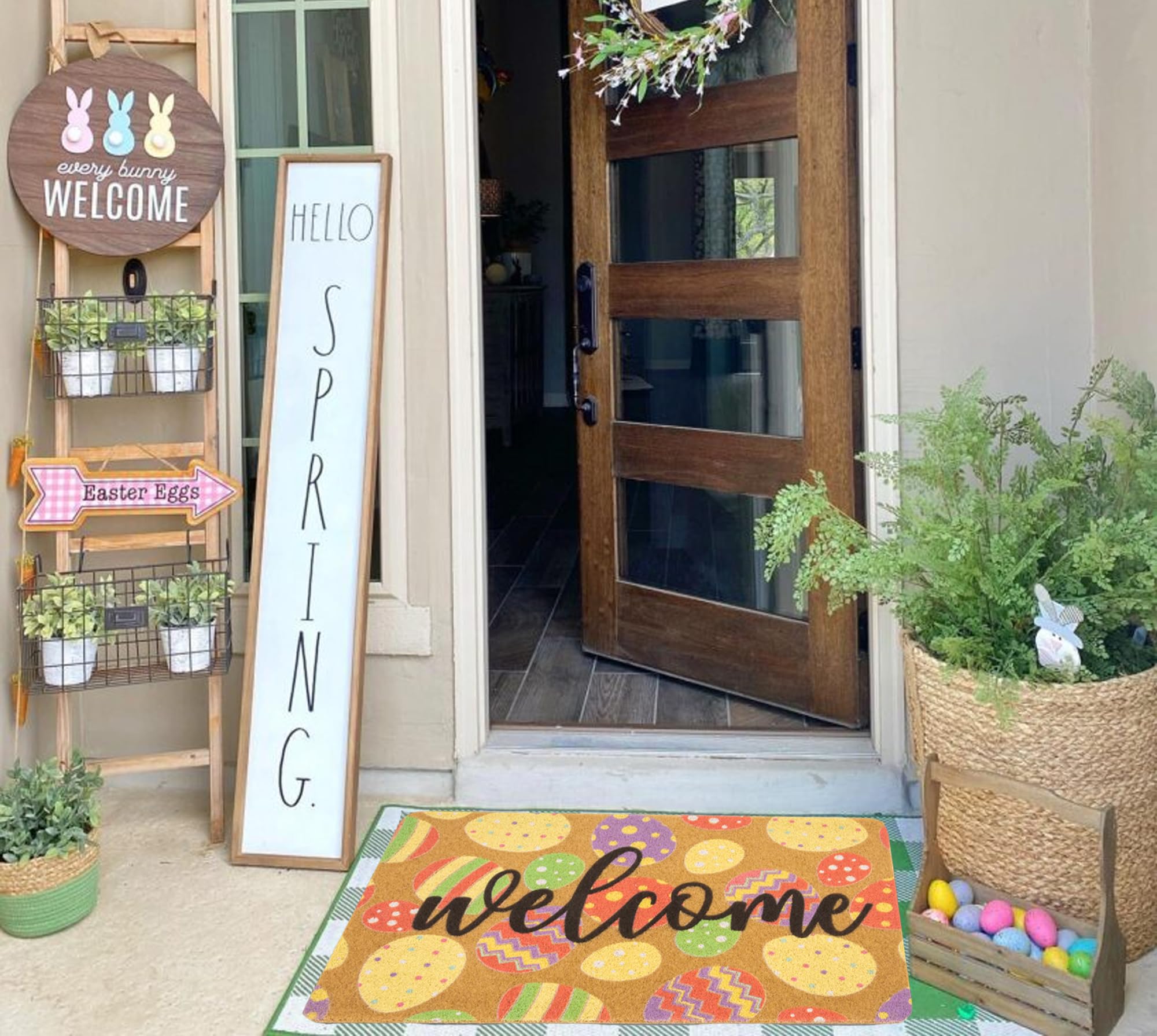 HinyBoeh Easter front mat non-slip PVC backing ensures stable placement.