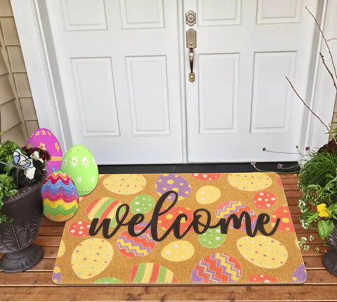 HinyBoeh Easter welcome doormat for outdoor entrance with durable coir and wear resistance.