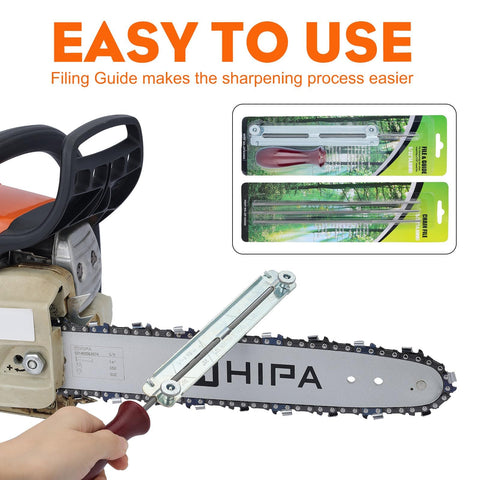 Hipa 11/64 round file in use on chainsaw chain for quick, effective sharpening.