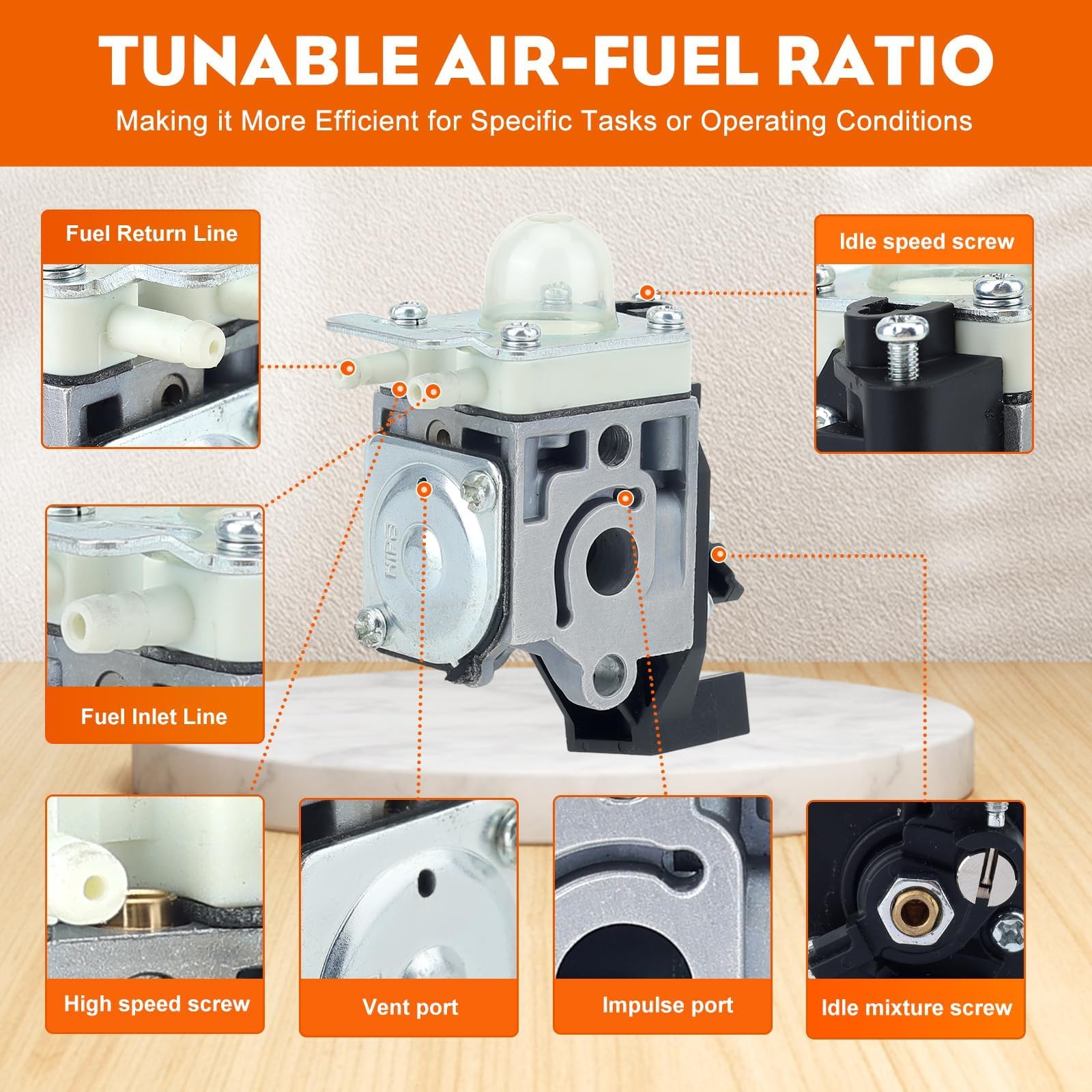 Hipa 225 carburetor fuel filter and tubes support steady fuel flow.