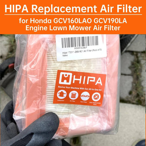 Hipa 3-pack dimensions shown, fits Honda GCV160/190 models precisely.