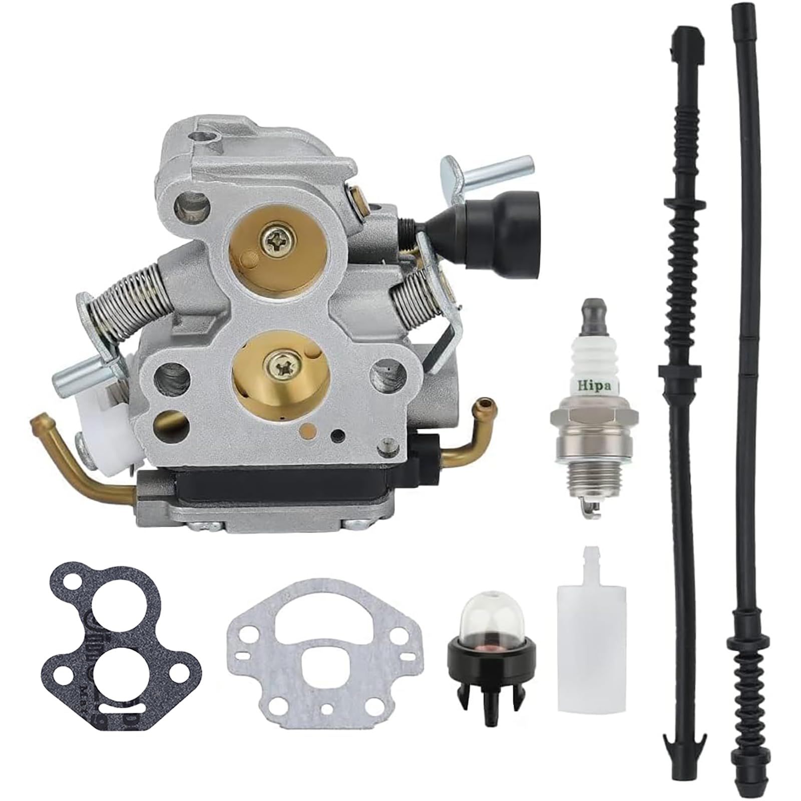 Hipa 506450501 carburetor front view highlighting durable brass body for reliable starts