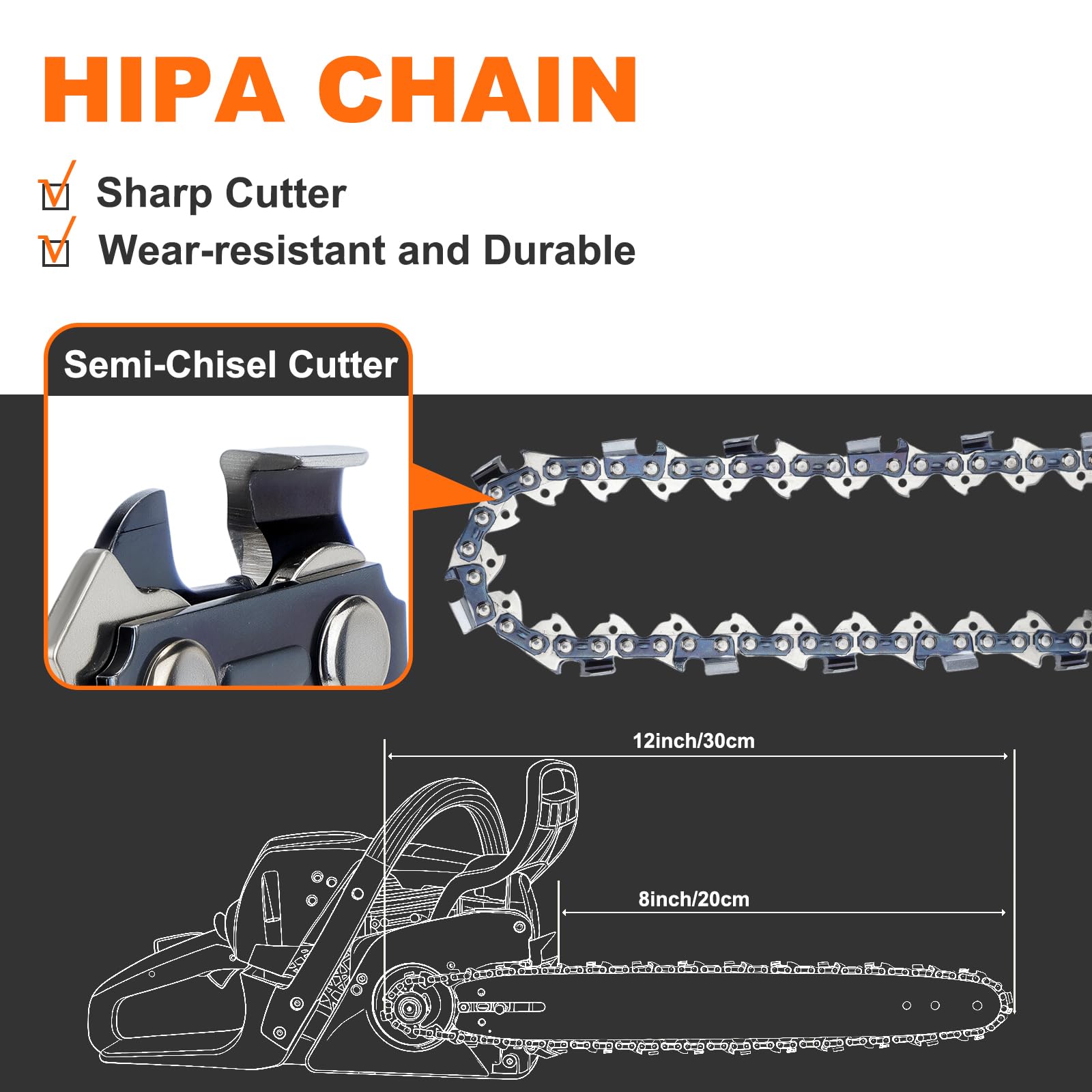 Hipa 8 inch chain for DEWALT DWO1DT608, perforated design enhances airflow and heat dissipation.