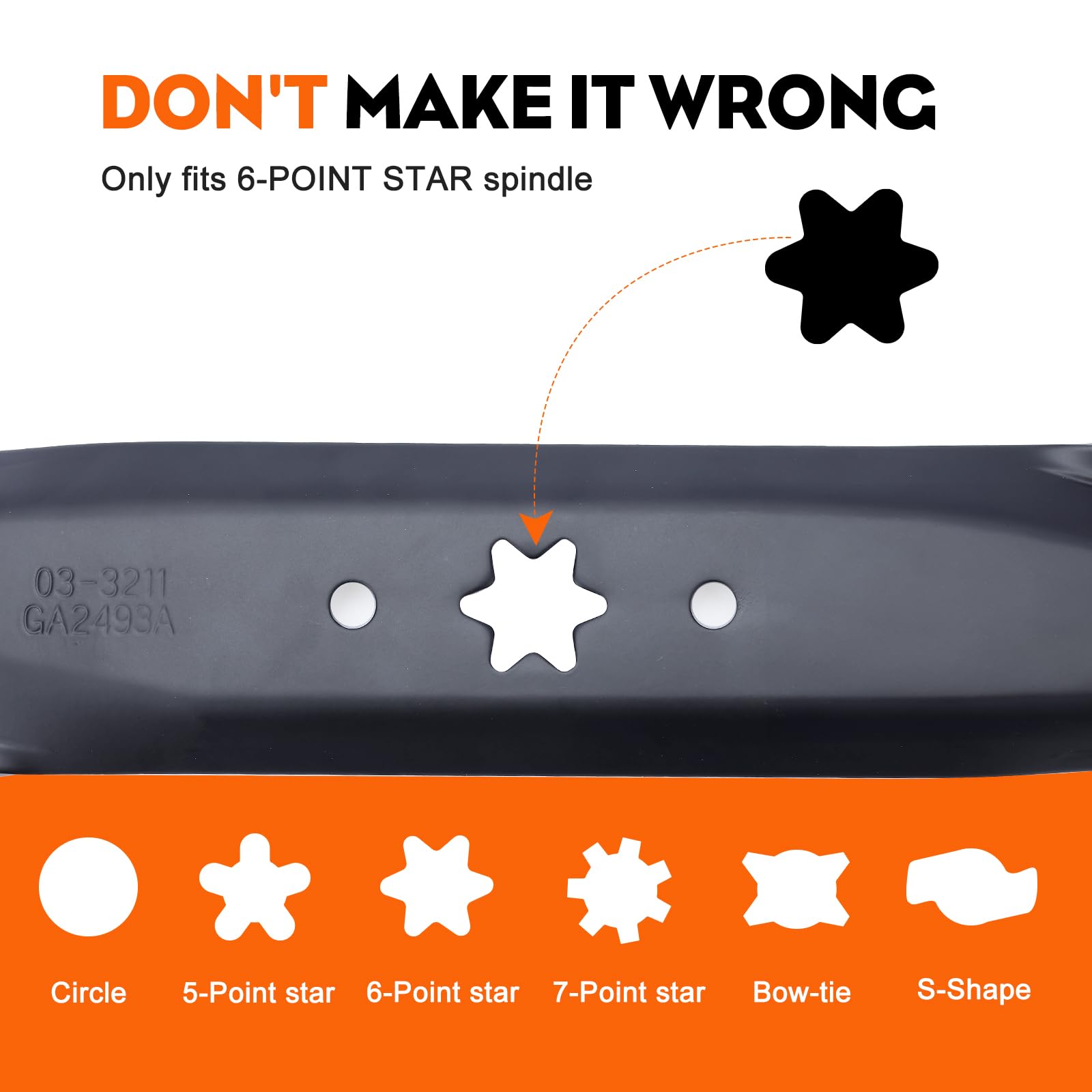 Center hole 6 point star for secure fit on 42 inch decks