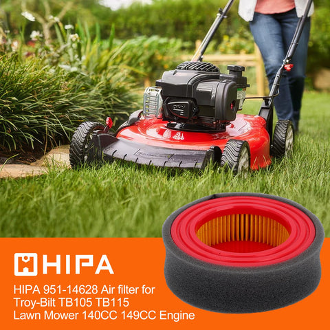 Hipa 951-14628 air filter fitment chart shows compatible mower models and engines.