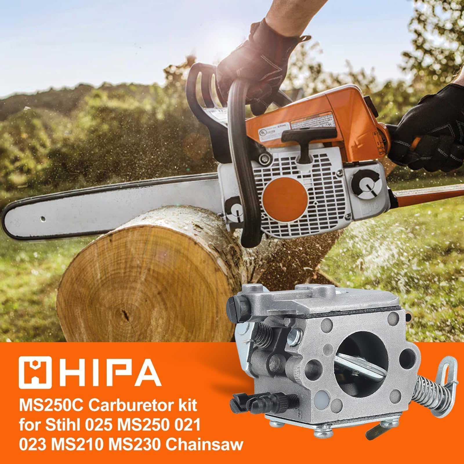 Hipa MS250C carburetor side profile emphasizes compact design for tight engine compartments.