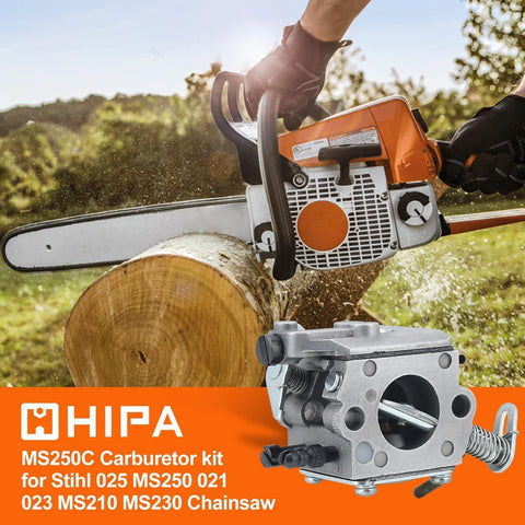 Hipa MS250C carburetor side profile emphasizes compact design for tight engine compartments.
