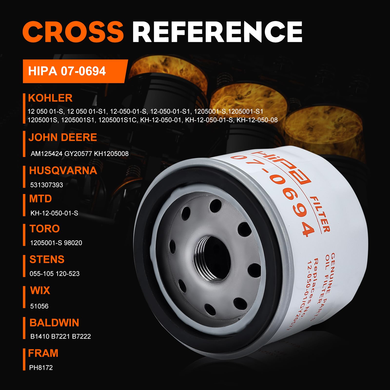 Hipa oil filter compatible with CH18-CH25 and CV engines, smooth oil flow.