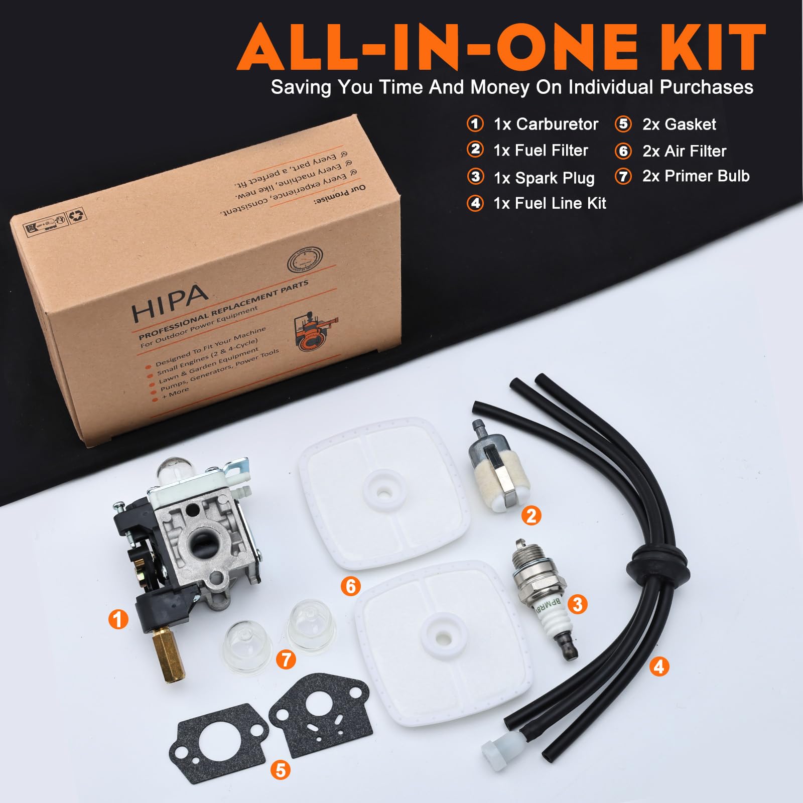 Hipa RB-K75 package includes air filter and fuel line.