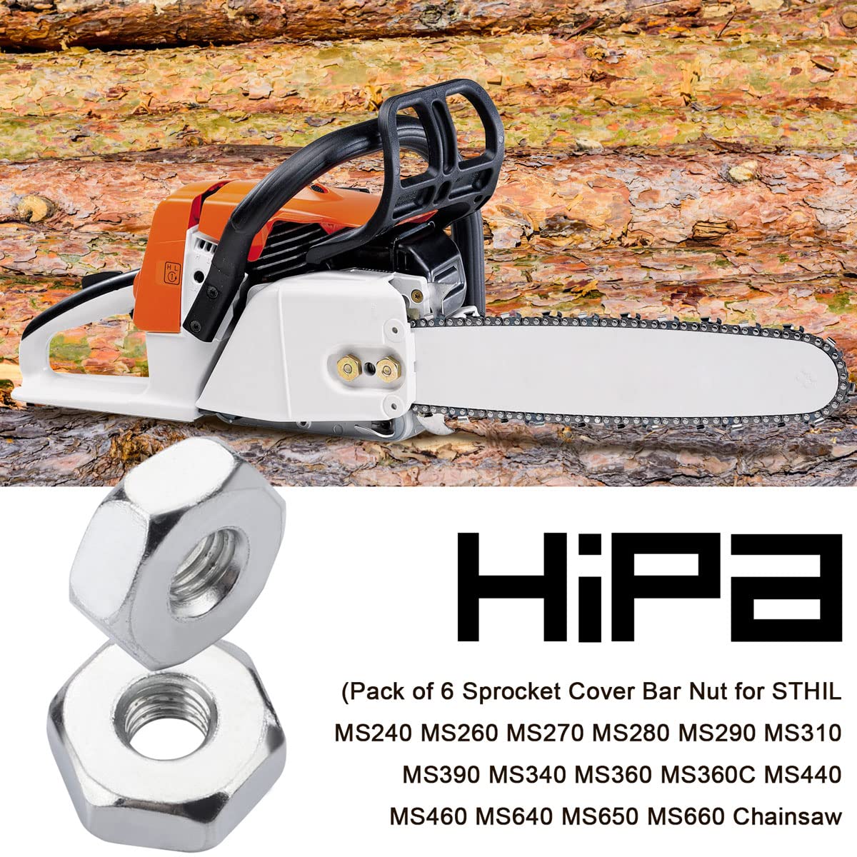 Hipa sprocket cover bar nut on STIHL bar showing compatibility with multiple models