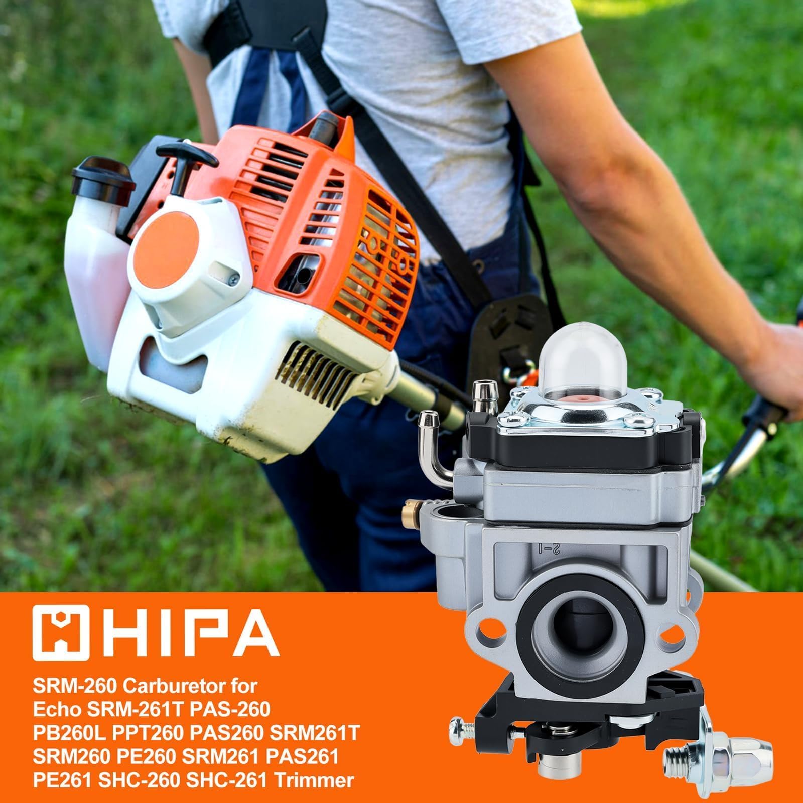 Hipa SRM-260 carburetor kit components shown for quick inspection and easy replacement.