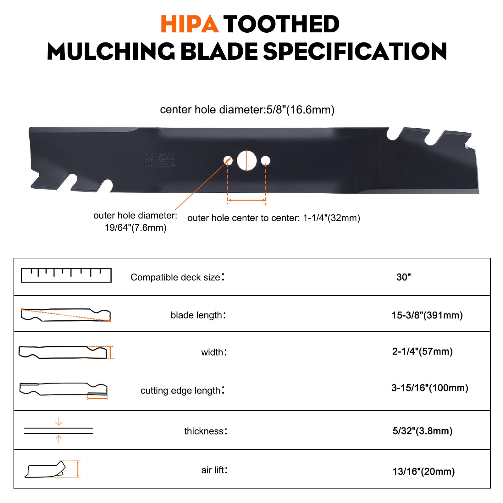 Hipa Timemaster 30-inch mulching blades boosting clippings processing and debris containment