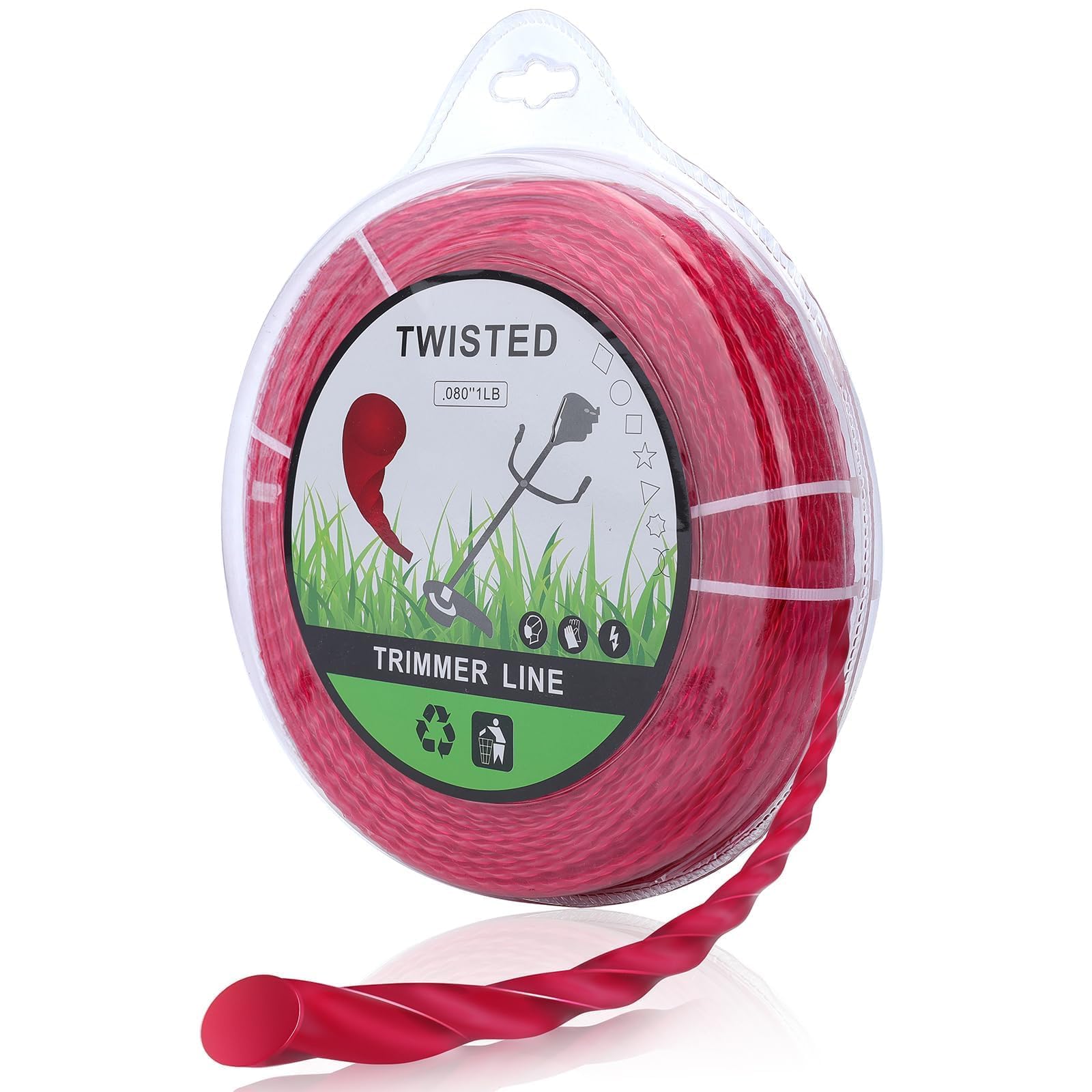 Hipa 0.080 inch round twist trimmer line showing sharp edges for efficient cutting.