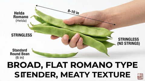 HipGirl Helda flat green pods on vigorous vines for tasty Italian-inspired meals.
