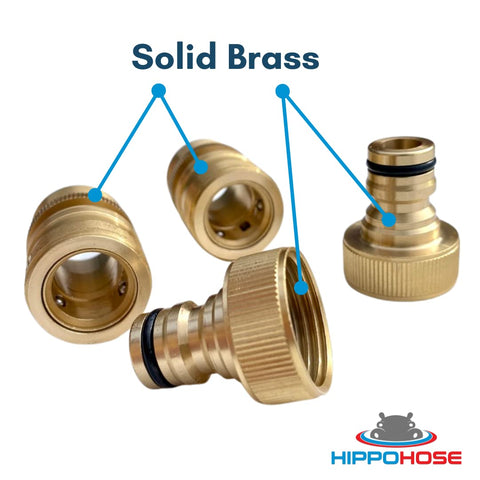HippoHose brass fittings shown locking and unlocking for one-handed operation.