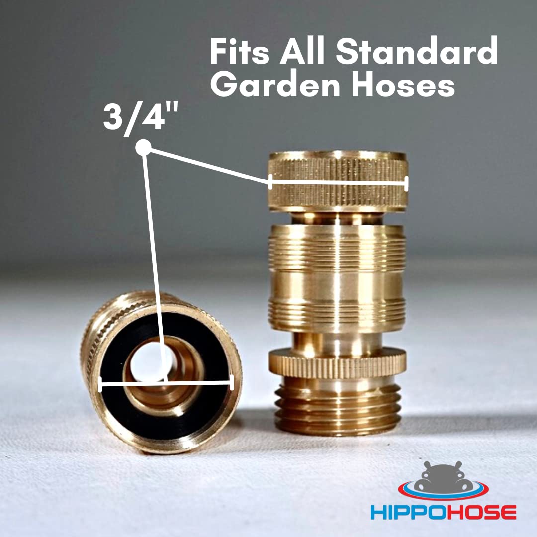 HippoHose quick connector 2-pack attached to hose illustrating easy twist-to-lock action.