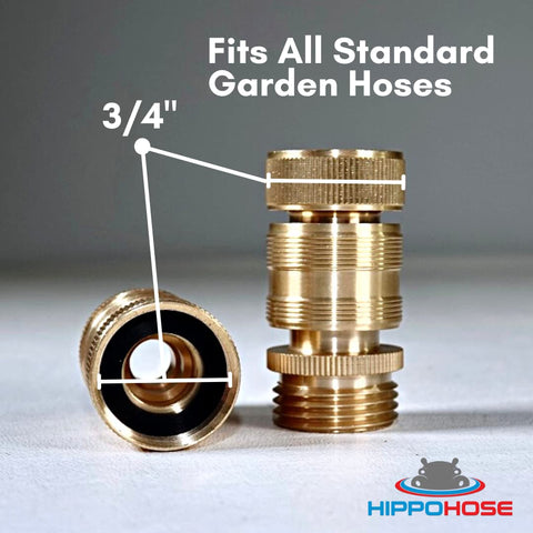 HippoHose quick connector 2-pack attached to hose illustrating easy twist-to-lock action.