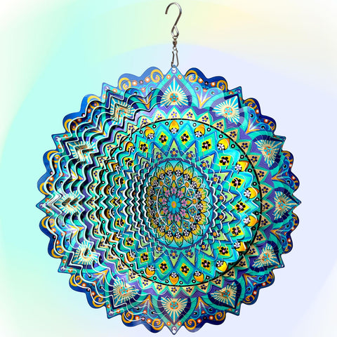 Hippolytusiart wind spinner mandala peacock blue ocean front view bright outdoor garden