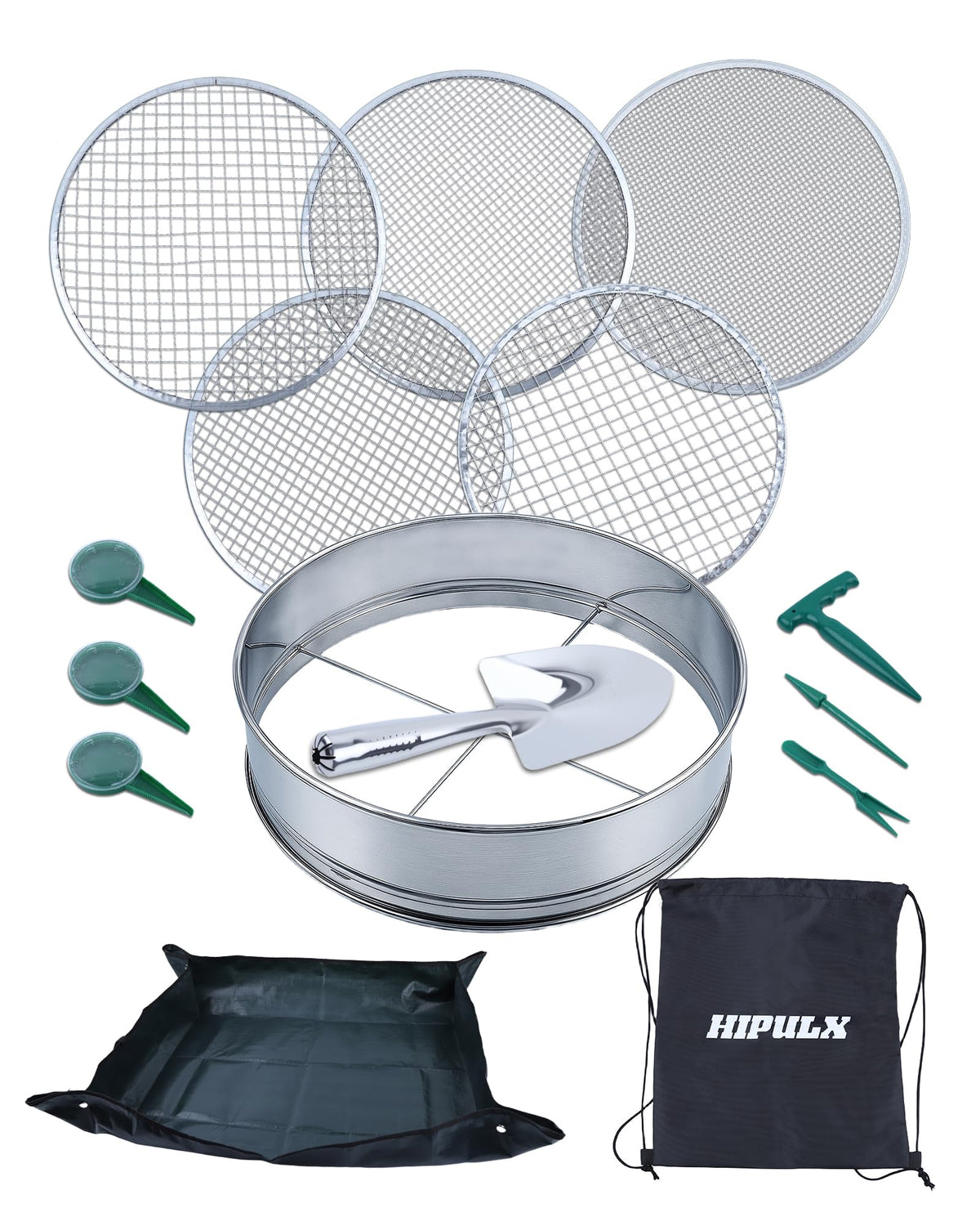 HIPULX 5-in-1 soil sifter full assembly shows durable stainless steel frame