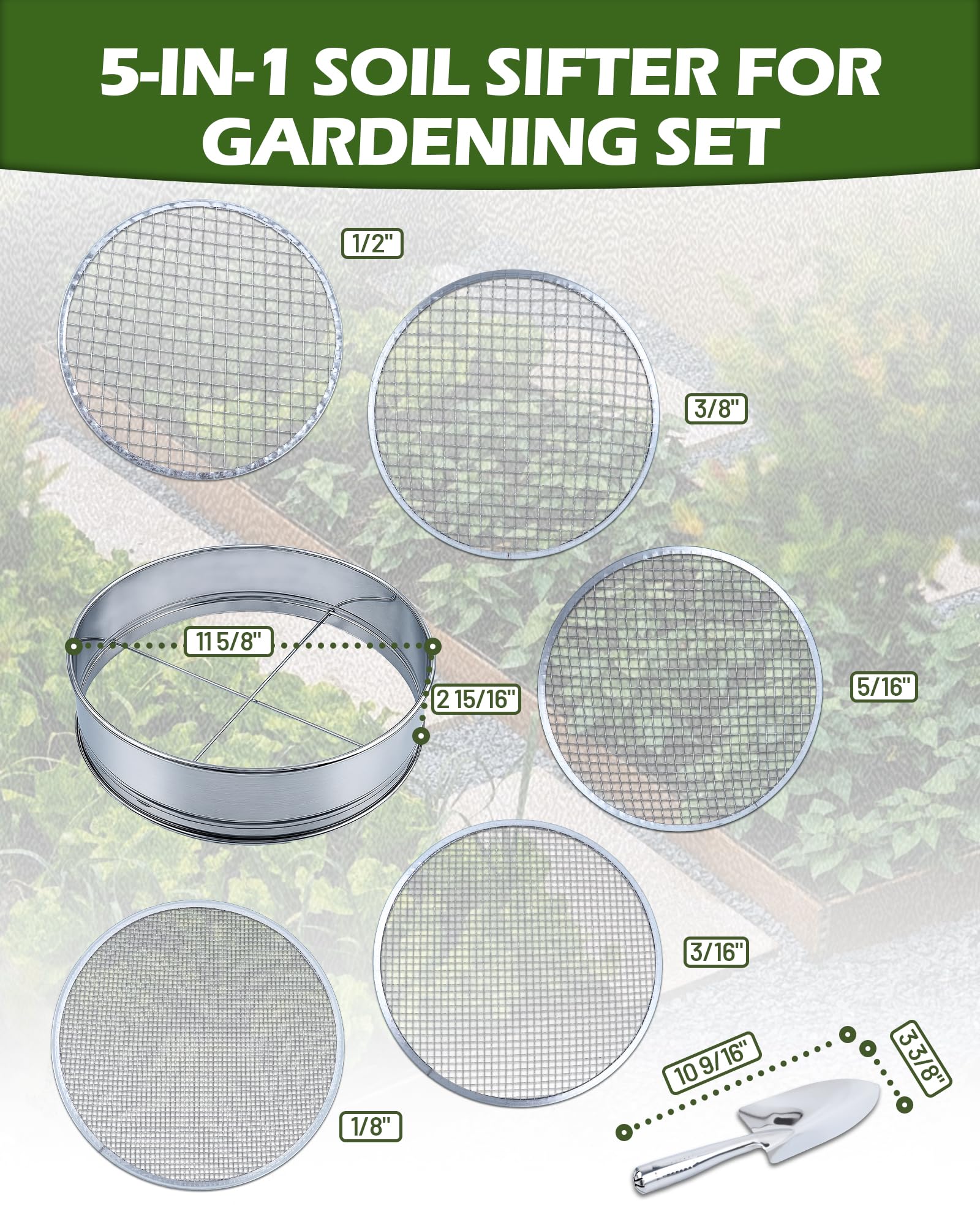 HIPULX 5in1 screen 1-8in detail shows easy snap-on change for quick soil grading.