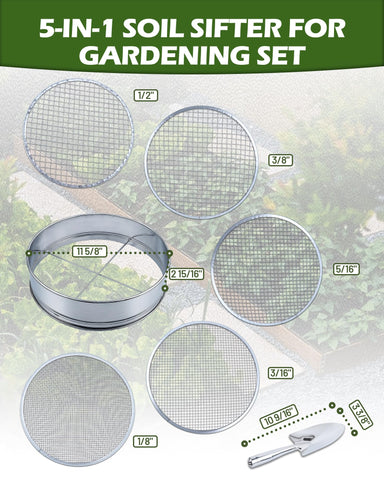 HIPULX 5in1 screen 1-8in detail shows easy snap-on change for quick soil grading.