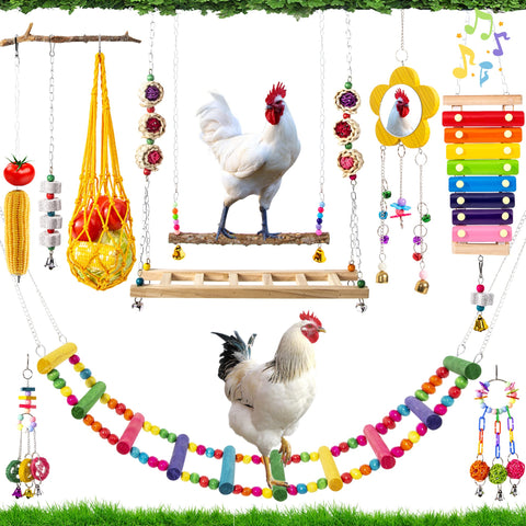 Hipykat chicken swing toy for coop installation, promoting playful movement.