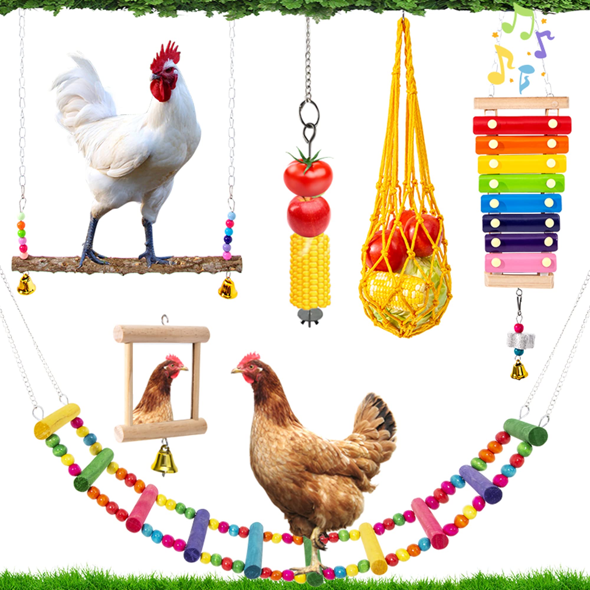 Hipykat chicken swing toy in natural wood enhances coop enrichment and activity.