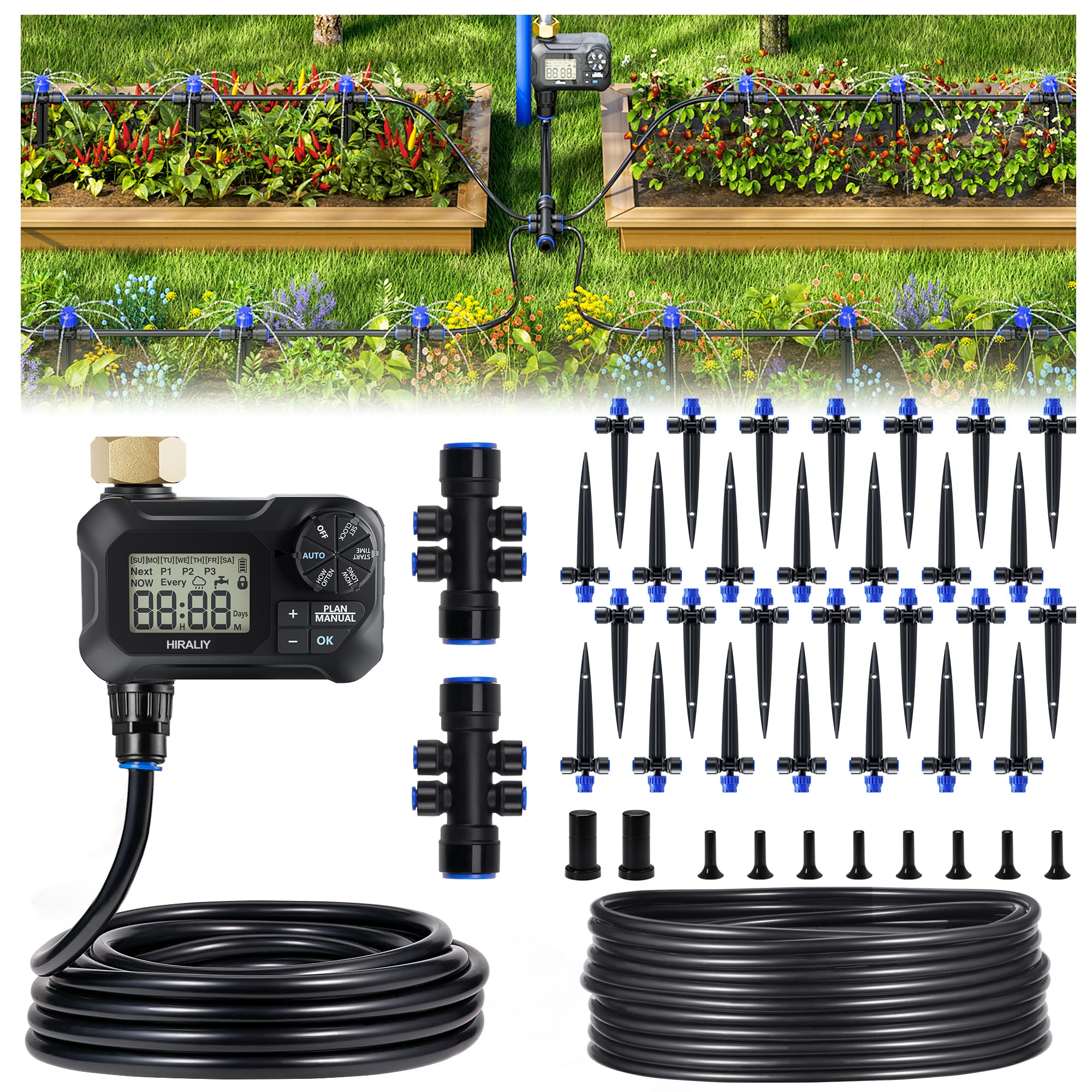 HIRALIY 100ft drip irrigation kit packaging ready for quick installation