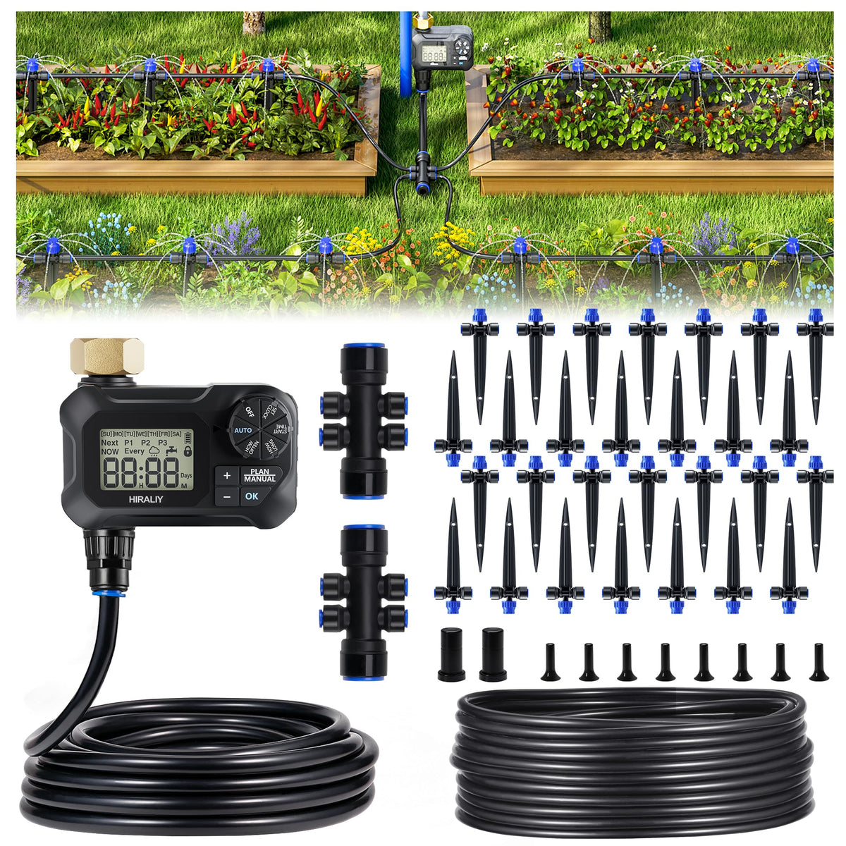 HIRALIY 100ft drip irrigation kit packaging ready for quick installation