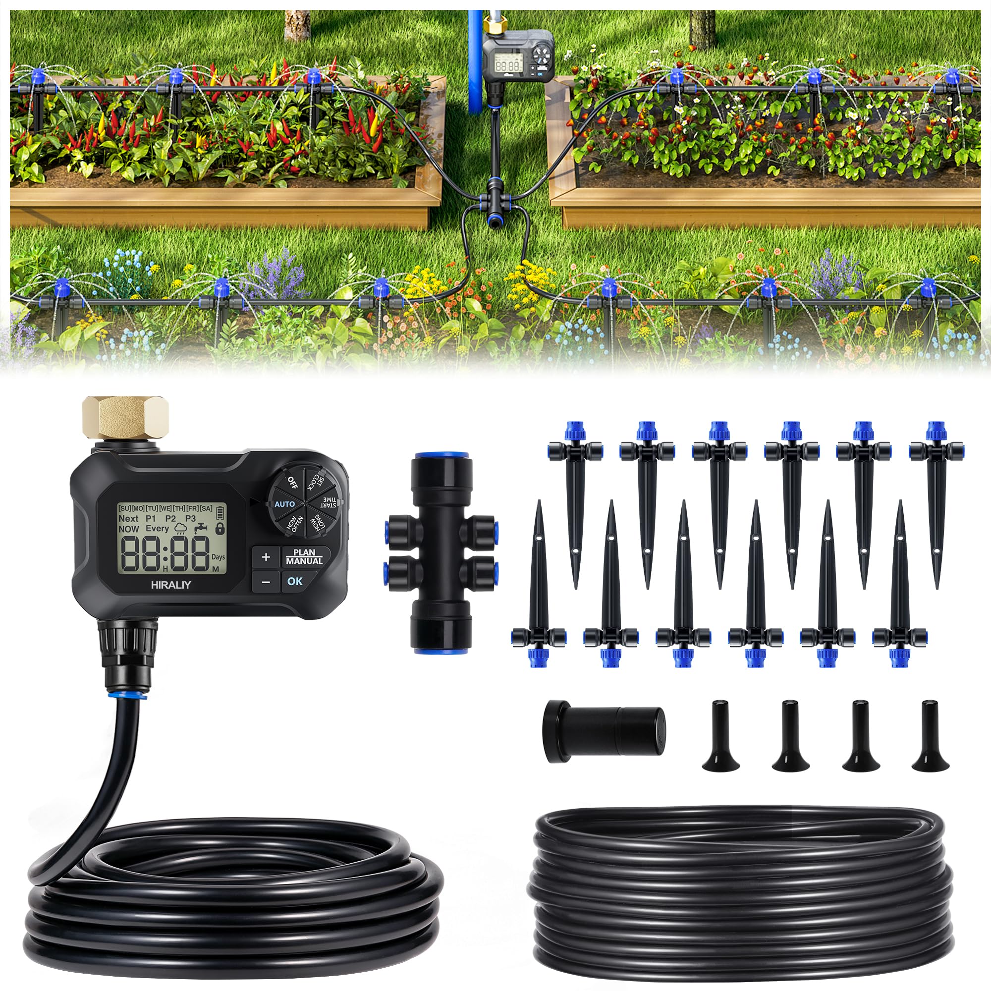 HIRALIY 50ft drip irrigation kit timer streamlines outdoor watering.
