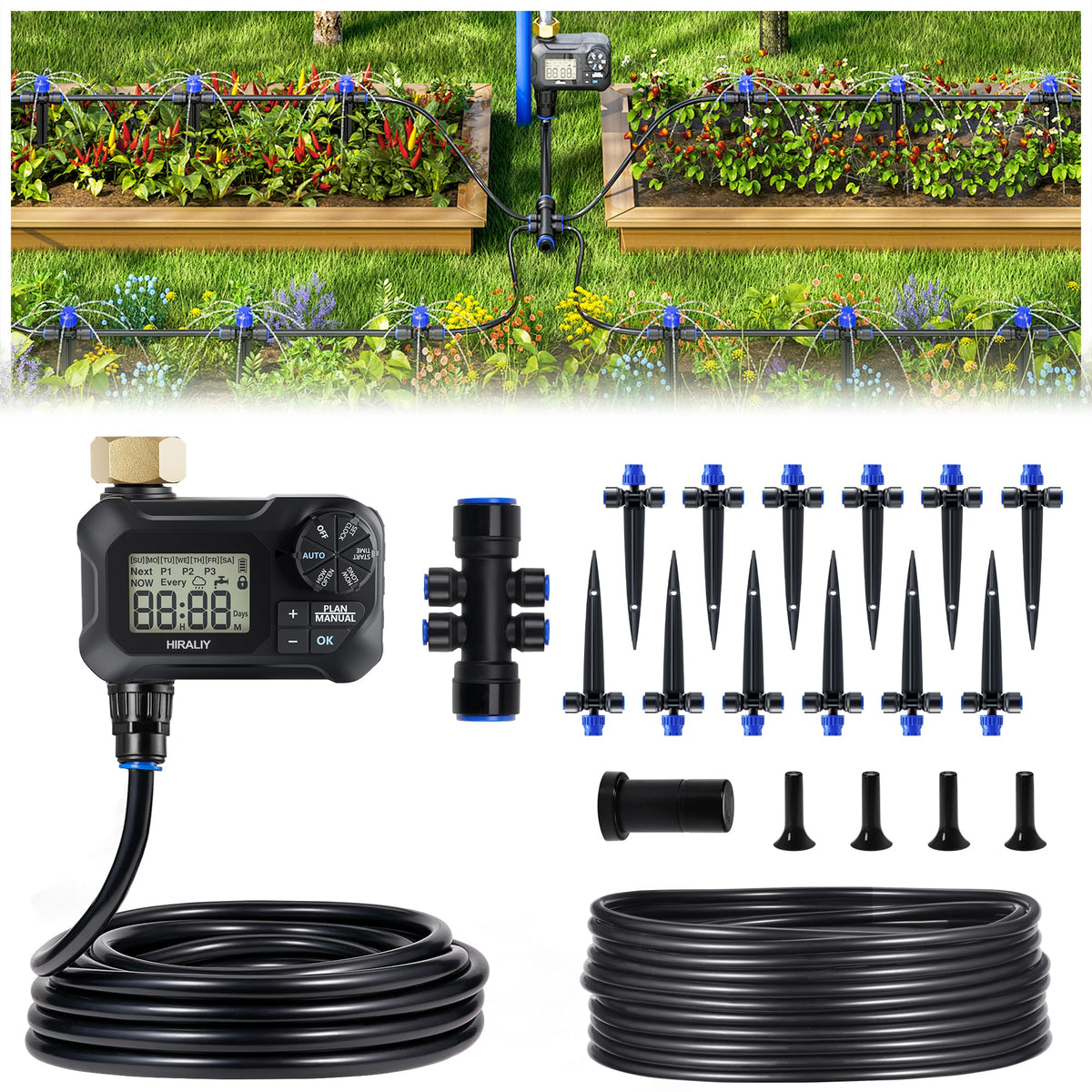 HIRALIY 50ft drip irrigation kit timer streamlines outdoor watering.