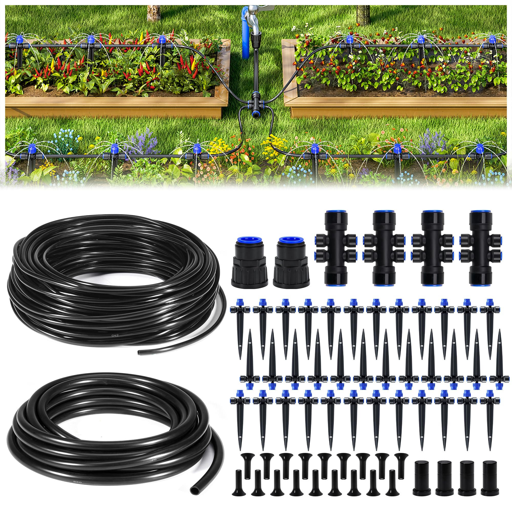 HIRALIY drip irrigation kit shows 188 ft tubing laid out for efficient watering.