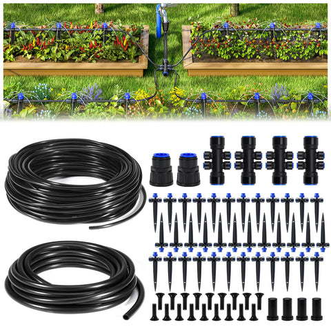 HIRALIY drip irrigation kit shows 188 ft tubing laid out for efficient watering.