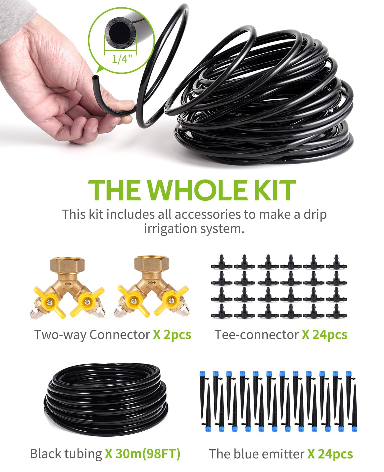 HIRALIY complete irrigation kit contents include tubing, emitters, and connectors.