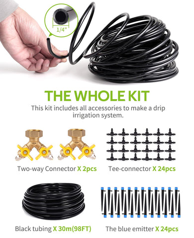 HIRALIY complete irrigation kit contents include tubing, emitters, and connectors.