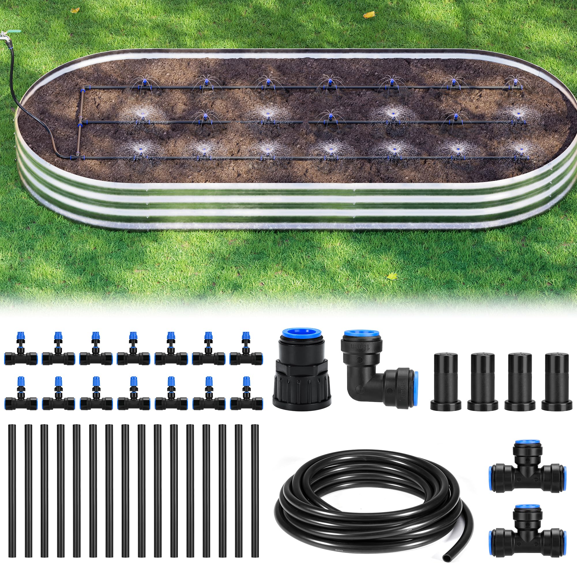 HIRALIY raised bed irrigation kit assembly shows quick connect and leak free setup.