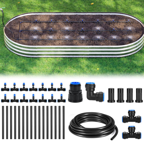 HIRALIY raised bed irrigation kit assembly shows quick connect and leak free setup.