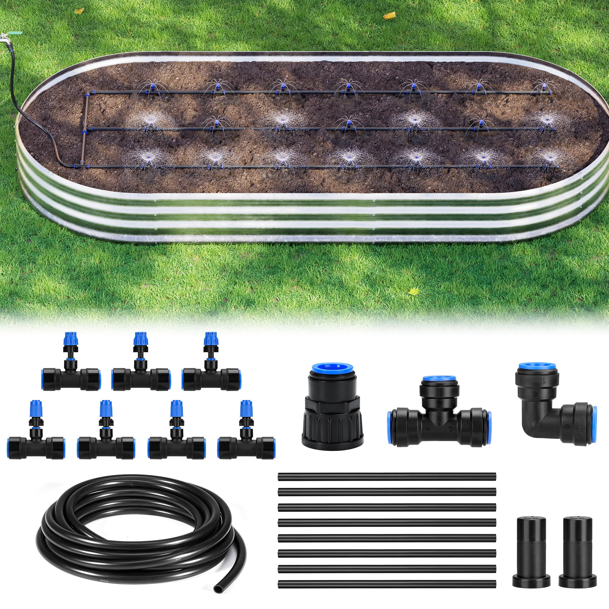 HIRALIY raised bed drip irrigation kit for customizable watering in 2 x 8 ft beds.
