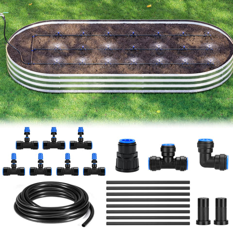 HIRALIY raised bed drip irrigation kit for customizable watering in 2 x 8 ft beds.